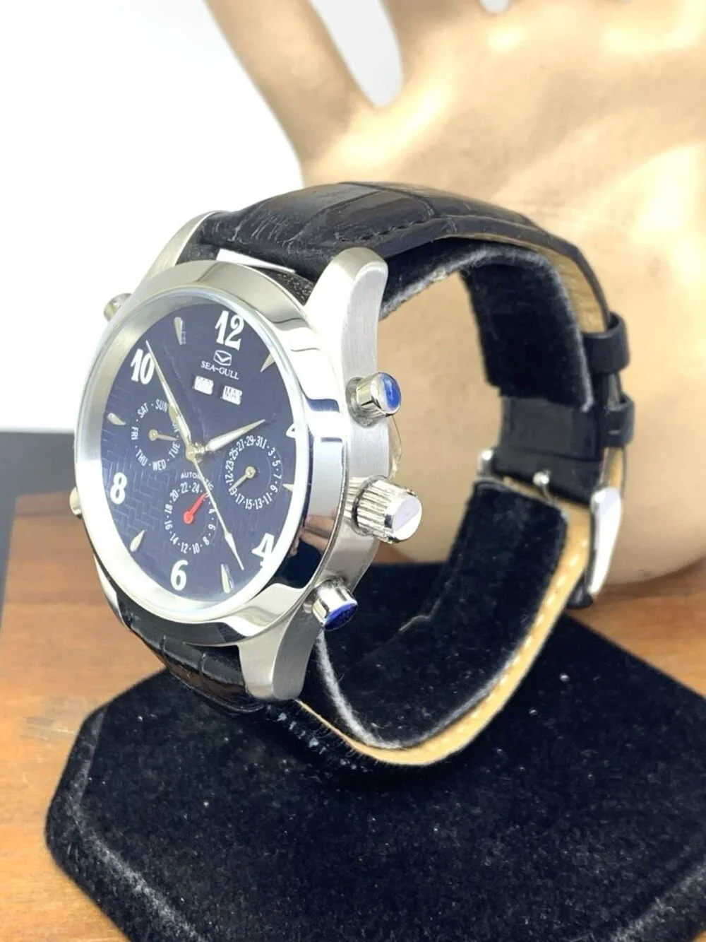 Seagull Men's Watch Automatic Blue Dial Triple Calendar Black Leather Strap 41mm